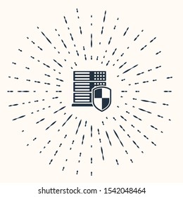Grey Server with shield icon isolated on beige background. Protection against attacks. Network firewall, router, switch or server, data. Abstract circle random dots. Vector Illustration