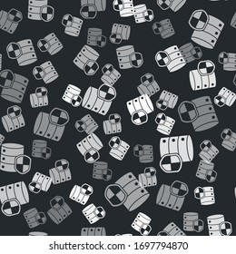 Grey Server with shield icon isolated seamless pattern on black background. Protection against attacks. Network firewall, router, switch, data. Vector Illustration