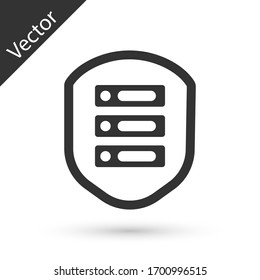 Grey Server with shield icon isolated on white background. Protection against attacks. Network firewall, router, switch, data. Vector Illustration