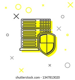 Grey Server with shield line icon isolated on white background. Protection against attacks. Network firewall, router, switch or server, data, center. Vector Illustration