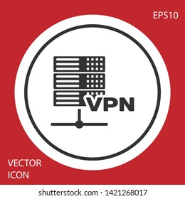Grey Server VPN icon isolated on red background. White circle button. Vector Illustration