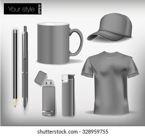 Grey set for corporate identity design kit, pen, cap, shirt, flash drive, cup, lighters, pencil. Vector illustration