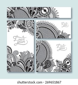 grey set of decorative floral greeting cards in vintage style, ethnic pattern, black and white collection, vector illustration