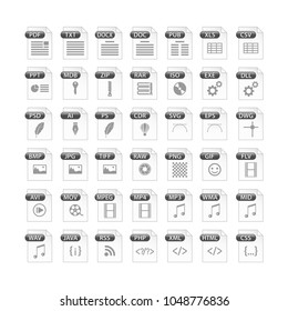Grey Set Of File Type Icons. File Format Icon Set In Black And White, Files Symbols Buttons