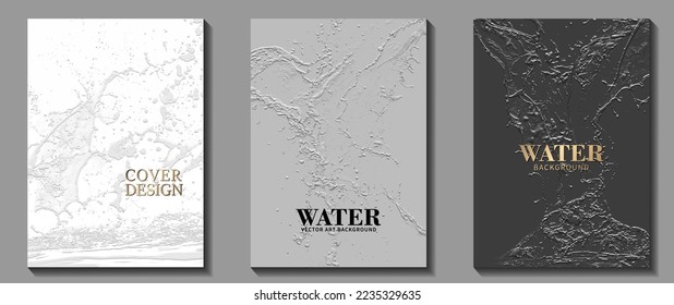 Grey set plaster texture background for cover design, cards, flyer, poster. Hand-drawn painted relief. Vector illustration for cover. Water splashes. Stucco template backdrop.