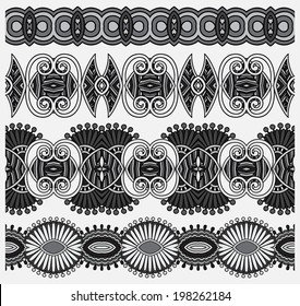 grey set of seamless ornamental floral stripes, black and white collection