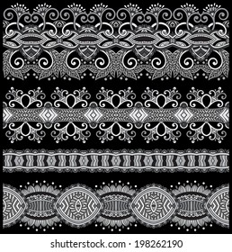 grey set of seamless ornamental floral stripes, black and white collection