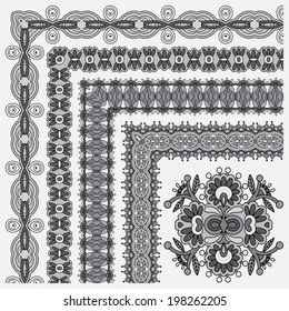 grey set of seamless ornamental floral stripes, black and white collection