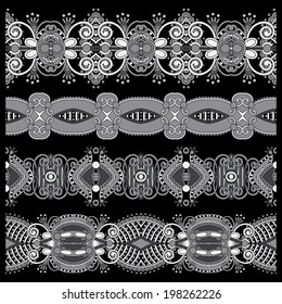 grey set of seamless ornamental floral stripes, black and white collection