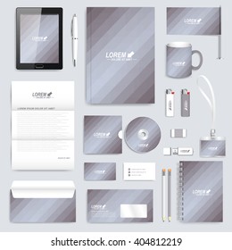 Grey set of vector corporate identity template. Modern business stationery mock-up. Background with gold triangles. Branding design.