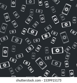 Grey Setting on smartphone icon isolated seamless pattern on black background. Mobile phone and gear. Adjusting, service, setting, maintenance, repair, fixing.  Vector Illustration
