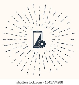 Grey Setting on smartphone icon isolated on beige background. Mobile phone and gear. Adjusting, service, setting, maintenance, repair, fixing. Abstract circle random dots. Vector Illustration