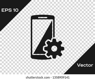 Grey Setting on smartphone screen icon on transparent background. Mobile phone and gear sign. Adjusting app, set options, repair, fixing phone concepts. Vector Illustration