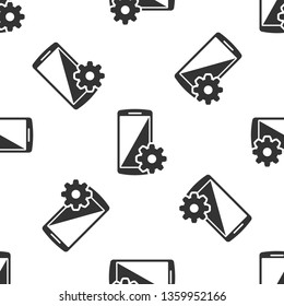 Grey Setting on smartphone screen icon seamless pattern on white background. Mobile phone and gear sign. Adjusting app, set options, repair, fixing phone concepts. Vector Illustration