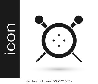 Grey Sewing button and knitting needles icon isolated on white background. Clothing button.  Vector Illustration