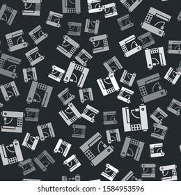 Grey Sewing machine icon isolated seamless pattern on black background.  Vector Illustration