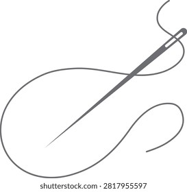 Grey sewing needle with curved thread icon. Minimalist vector graphic representing tailoring and craft. Elegant symbol for fashion, sewing, or handmade items.