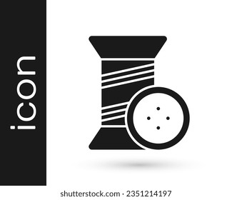 Grey Sewing thread on spool and button icon isolated on white background. Yarn spool. Thread bobbin.  Vector Illustration