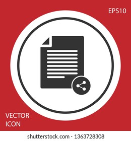 Grey Share file icon isolated on red background. File sharing. File transfer sign. White circle button. Vector Illustration