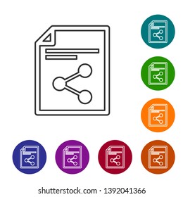 Grey Share file line icon isolated on white background. File sharing. File transfer sign. Set icon in color circle buttons. Vector Illustration