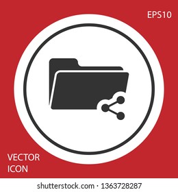 Grey Share folder icon isolated on red background. Folder sharing. Folder transfer sign. White circle button. Vector Illustration