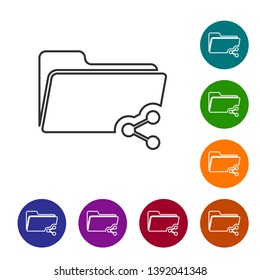 Grey Share folder line icon isolated on white background. Folder sharing. Folder transfer sign. Set icon in color circle buttons. Vector Illustration