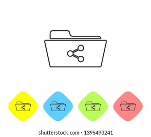 Grey Share folder line icon isolated on white background. Folder sharing. Folder transfer sign. Set icon in color rhombus buttons. Vector Illustration