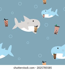 grey shark and blue shark are drinking Boba tea fabric seamless cute pattern