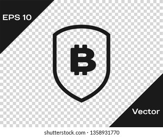 Grey Shield with bitcoin icon isolated on transparent background. Cryptocurrency mining, blockchain technology, bitcoin, security, protect, digital money. Vector Illustration