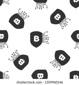 Grey Shield with bitcoin icon isolated seamless pattern on white background. Cryptocurrency mining, blockchain technology, bitcoin, security, protect, digital money. Vector Illustration