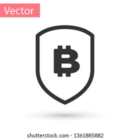 Grey Shield with bitcoin icon isolated on white background. Cryptocurrency mining, blockchain technology, bitcoin, security, protect, digital money. Vector Illustration