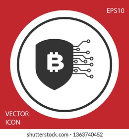 Grey Shield with bitcoin icon isolated on red background. Cryptocurrency mining, blockchain technology, bitcoin, security, protect, digital money. White circle button. Vector Illustration