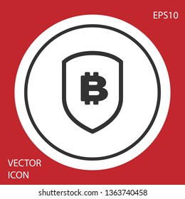 Grey Shield with bitcoin icon isolated on red background. Cryptocurrency mining, blockchain technology, bitcoin, security, protect, digital money. White circle button. Vector Illustration