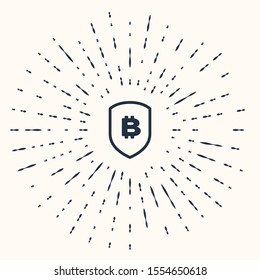 Grey Shield with bitcoin icon isolated on beige background. Cryptocurrency mining, blockchain technology, security, protect, digital money. Abstract circle random dots. Vector Illustration