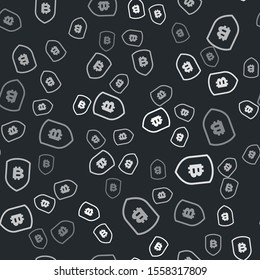 Grey Shield with bitcoin icon isolated seamless pattern on black background. Cryptocurrency mining, blockchain technology, security, protect, digital money.  Vector Illustration