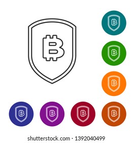 Grey Shield with bitcoin line icon on white background. Cryptocurrency mining, blockchain technology, bitcoin, security, protect, digital money. Set icon in color circle buttons. Vector Illustration