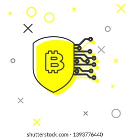 Grey Shield with bitcoin line icon isolated on white background. Cryptocurrency mining, blockchain technology, bitcoin, security, protect, digital money. Vector Illustration