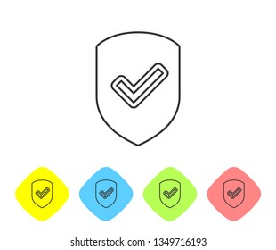 Grey Shield with check mark line icon isolated on white background. Protection symbol. Security check Icon. Tick mark approved icon. Set icon in color rhombus buttons. Vector Illustration