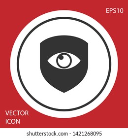 Grey Shield and eye icon isolated on red background. Security, safety, protection, privacy concept. White circle button. Vector Illustration