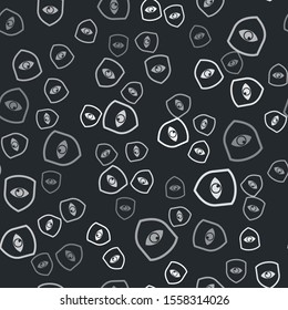 Grey Shield and eye icon isolated seamless pattern on black background. Security, safety, protection, privacy concept.  Vector Illustration