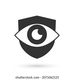 Grey Shield and eye icon isolated on white background. Security, safety, protection, privacy concept.  Vector