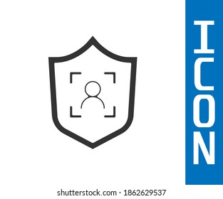 Grey Shield face recognition icon isolated on white background. Face identification scanner icon. Facial id. Cyber security concept.  Vector