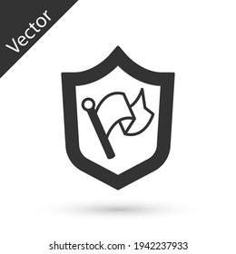 Grey Shield with flag icon isolated on white background. Victory, winning and conquer adversity concept. Vector