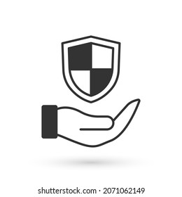Grey Shield in hand icon isolated on white background. Insurance concept. Guard sign. Security, safety, protection, privacy concept.  Vector