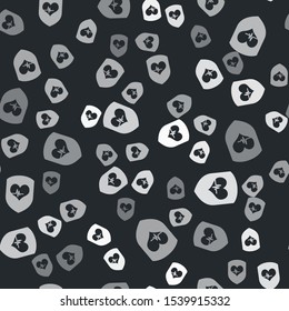 Grey Shield and heart rate icon isolated seamless pattern on black background. Health protection concept. Health care.  Vector Illustration