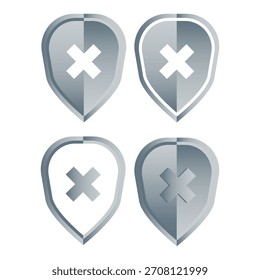 Icono de escudo gris. Símbolo de marca de rechazo. Vector de signo negativo. Emblema de seguridad.