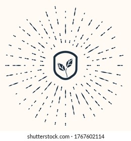 Escudo gris con icono de hoja aislado en fondo beige. Protector de seguridad ecológico con hoja. Resumen de puntos aleatorios de círculo. Vector
