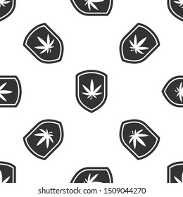 Grey Shield and marijuana or cannabis leaf icon isolated seamless pattern on white background. Marijuana legalization. Hemp symbol.  Vector Illustration