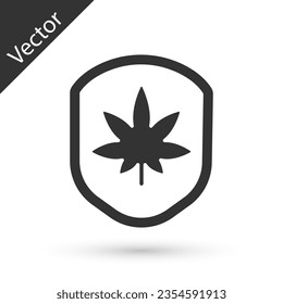 Escudo gris y icono de marihuana o hoja de cannabis aislado en fondo blanco. Legalización de la marihuana. Símbolo de cáñamo.  Ilustración vectorial