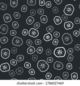 Grey Shield protecting from virus, germs and bacteria icon isolated seamless pattern on black background. Immune system concept. Corona virus 2019-nCoV. Vector.